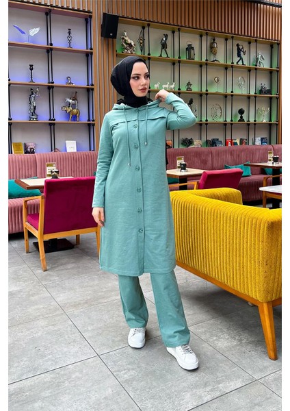 Kapşonlu Düğmeli Sade Basic Uzun Tunik ve Pantolon Ikili Spor Takım - 03072 - Çağla Yeşili