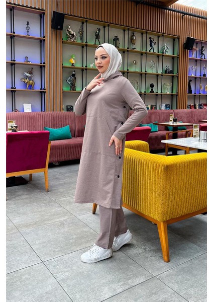 Kapşonlu Yandat Çıtçıtlı Sade Basic Uzun Tunik ve Pantolon Ikili Spor Takım - 03071 - Vizon