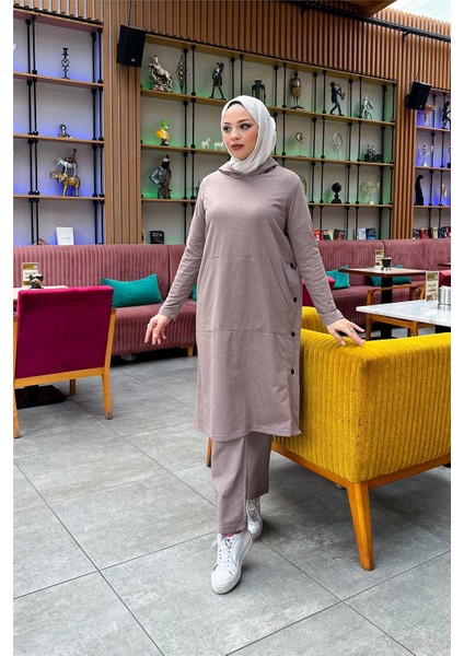 Kapşonlu Yandat Çıtçıtlı Sade Basic Uzun Tunik ve Pantolon Ikili Spor Takım - 03071 - Vizon