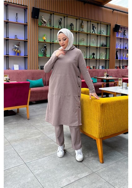 Kapşonlu Yandat Çıtçıtlı Sade Basic Uzun Tunik ve Pantolon Ikili Spor Takım - 03071 - Vizon