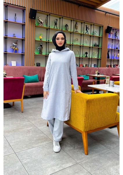 Kapşonlu Yandat Çıtçıtlı Sade Basic Uzun Tunik ve Pantolon Ikili Spor Takım - 03071 - Gri