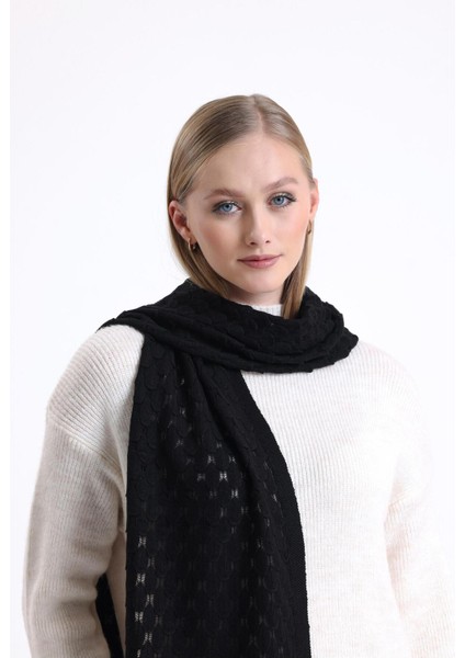 Knitwear Ajur Desenli Atkı, Kışlık Yumuşak Dokulu Kaşkol, Triko Örme Atkı - Siyah