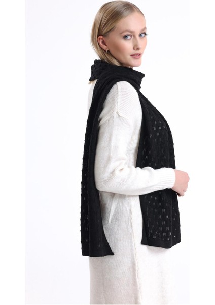 Knitwear Ajur Desenli Atkı, Kışlık Yumuşak Dokulu Kaşkol, Triko Örme Atkı - Siyah