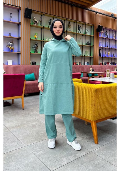 Kapşonlu Yandat Çıtçıtlı Sade Basic Uzun Tunik ve Pantolon Ikili Spor Takım - 03071 - Çağla Yeşili