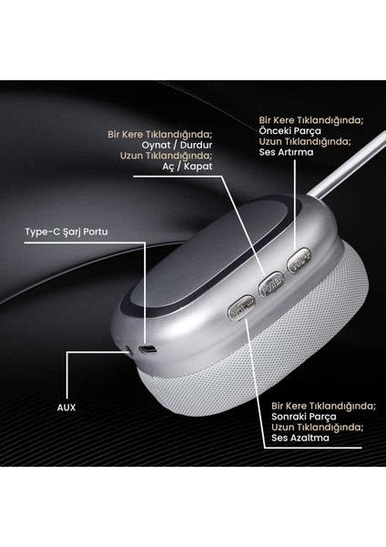 Kulak Üstü Kablosuz Bluetooth Kulaklık Güçlü Ses ve Yüksek Bass Type-C Şarj ve Aux Girişi (Beyaz)