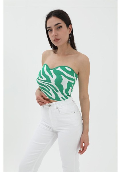 Zebra Desen Triko Crop - Yeşil