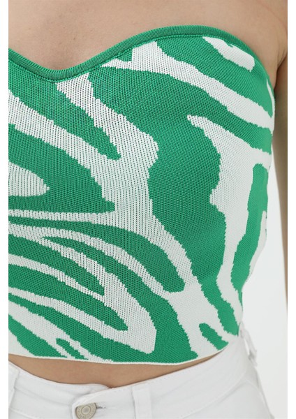 Zebra Desen Triko Crop - Yeşil