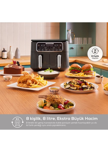 Aır Pro Cook Duo Köz Xxxl 4+4 Litre Airfryer Iconic Beige 8 Kişilik