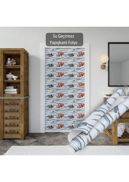 Balık Desenli Yapışkanlı Folyo, Mutfak, Tezgah, Masa, Dolap Kaplama Folyosu, Isıya Dayanıklı, Su Geçirmez, Yapışkan Folyolar, Sticker, Büyük Ebatlı, Dekoros
