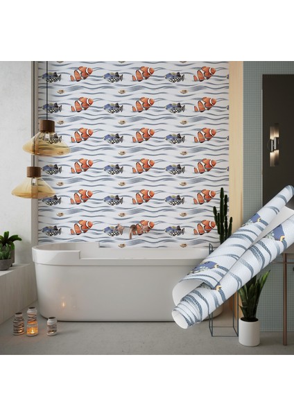 Balık Desenli Yapışkanlı Folyo, Mutfak, Tezgah, Masa, Dolap Kaplama Folyosu, Isıya Dayanıklı, Su Geçirmez, Yapışkan Folyolar, Sticker, Büyük Ebatlı, Dekoros