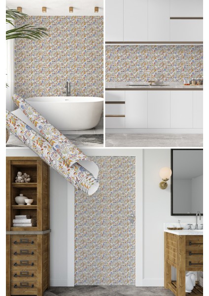 Çok Renkli Çiçek Desenli Yapışkanlı Folyo, Mutfak, Tezgah, Masa, Dolap Kaplama Folyosu, Isıya Dayanıklı, Su Geçirmez, Yapışkan Folyolar, Sticker, Büyük Ebatlı, Dekoros