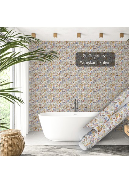 Çok Renkli Çiçek Desenli Yapışkanlı Folyo, Mutfak, Tezgah, Masa, Dolap Kaplama Folyosu, Isıya Dayanıklı, Su Geçirmez, Yapışkan Folyolar, Sticker, Büyük Ebatlı, Dekoros