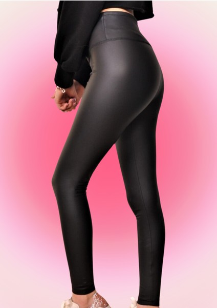 Toparlayıcı Polarlı Kışlık Deri Tayt Belden Kaymaz Yüksek Bel Mat Siyah