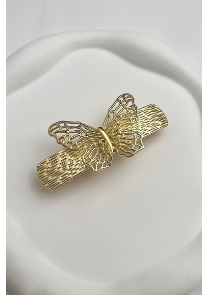 Altın Rengi Kelebek Figürlü Otomatik Toka (Ölçü:8 Cm)