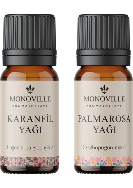 Karanfil Yağı 10 Ml, Palmarosa Yağı 10 ml 2'li Set %100 Saf ve Doğal ( Clove And Palmarosa Oil )2X10