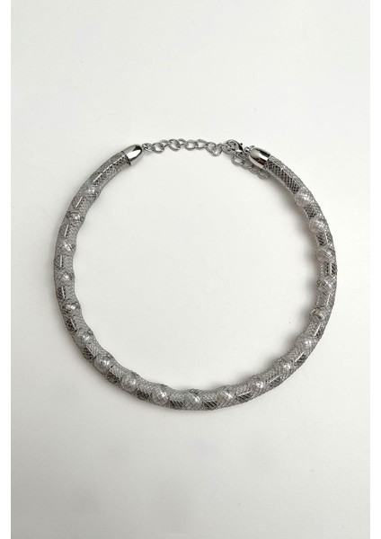 Hasır Tel Detaylı Inci Taş Sıralı Choker Kolye