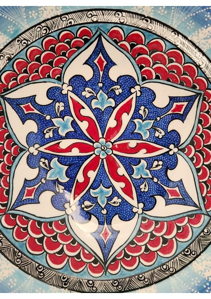 Aysun Hand Art Aysunhandart Kenarları Pompa Çamur Kabartma Desenli Merkezinde Rumi Motifli El Yapımı Seramik Tabak