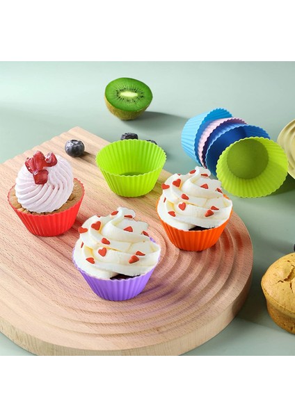 12'li Mini Muffin Pişirme Kalıbı, Silikon Ribanalı Kek, Cupcake, Bisküvi, Hamur Işi Renkli Kap