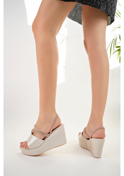 Ten Kadın Saten Sargı Taşlı Günlük Abiye Dolgu Topuklu Terlik - Ten - 36 modelleri