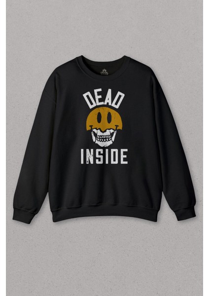 Unisex Sweatshirt Dead Inside Smiley Skull Smile Gülen Surat Kurukafa Baskılı Sweat