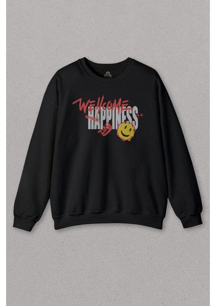 Unisex Sweatshirt Good Vibe Happines Mutlu Smile Eğlenceli Baskılı Sweat