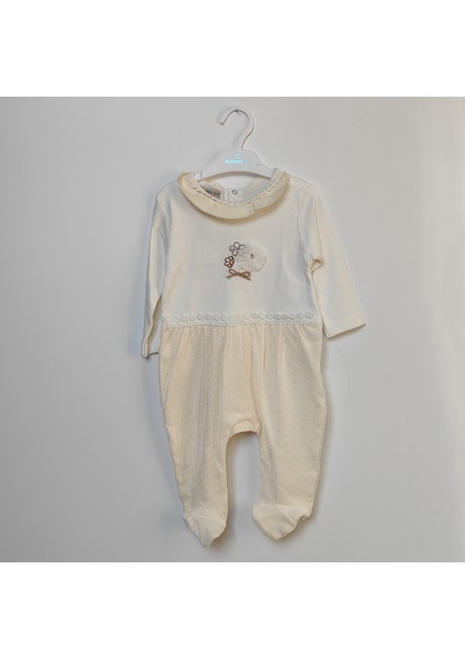 Ekru Çiçek Nakışlı Tulum