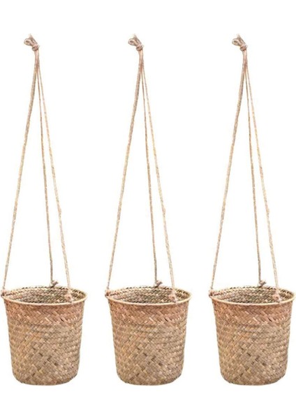 3 Parça El Dokuma Depolama Sepeti Hasır Asılı Saksı Sepeti Bitki Sepeti Kapalı ve Açık Çiçek Konteyner (Yurt Dışından)