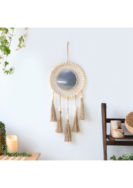 Duvar Aynası Asılı Duvar Aynası Ahşap Boncuklu Saçak El Yapımı Yuvarlak Dekorasyon Boho Antika Ayna (Yurt Dışından)