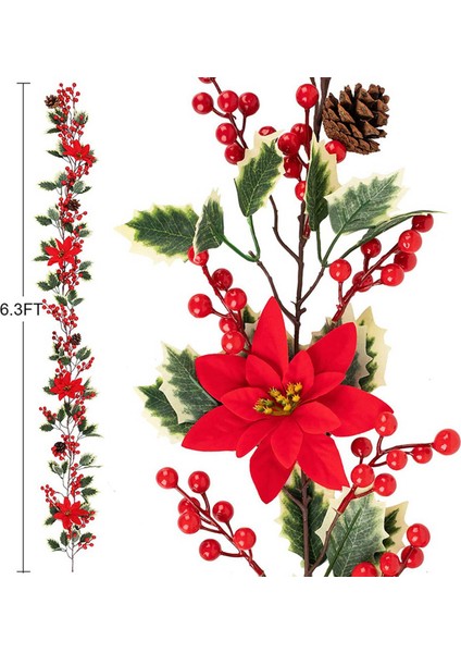 2x 6.3ft Kırmızı Berry Noel Çelenk, Yapay Atatürk Çiçeği Çelenk, Çam Kozalakları ile Noel Berry Çelenk (Yurt Dışından)