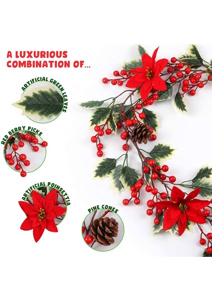 5 Adet 6.3ft Kırmızı Berry Noel Çelenk, Yapay Atatürk Çiçeği Çelenk, Çam Kozalakları ile Noel Berry Çelenk (Yurt Dışından)