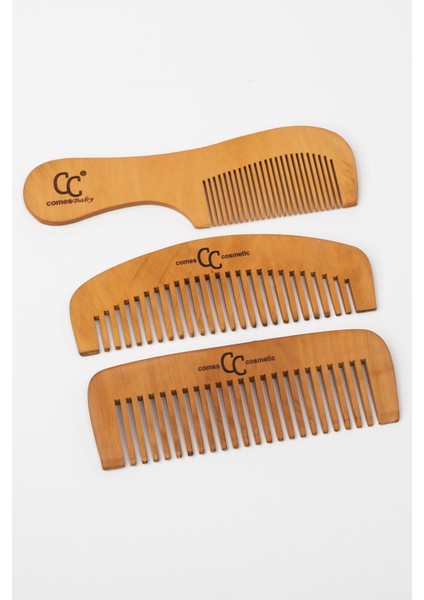 3'lü Şimşir Tarak Set %100 Doğal (Anne Bebek Çocuk Seti) Saplı + Seyrek Dişli Set