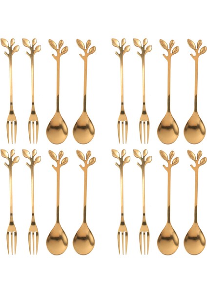 Sofra Altın Yaprak Kahve Kaşığı Çatal, 16'lı Paket (8 Kaşık 8 Çatal) Küçük Espresso Kaşığı ve Meze Tatlı Çatal Seti (Yurt Dışından)