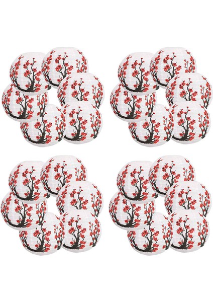 24 Paket 12 Inç Kırmızı Kiraz Çiçekleri Kağıt Fener Beyaz Yuvarlak Çin Japon Kağıt Lamba (Yurt Dışından)