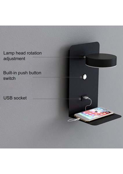 USB Bağlantı Noktalı 2x Okuma Duvar Işığı Anahtarlı Yaratıcı Raf Başucu Lambası -Siyah (Yurt Dışından) modelleri