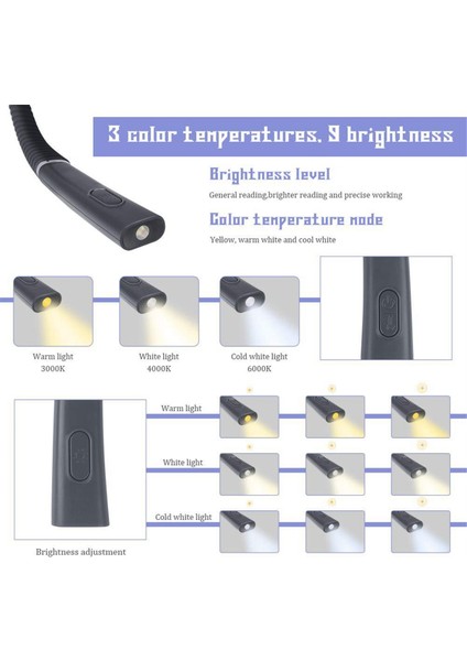 Yatakta Okumak Için Boyun Okuma Işığı Kitap Işığı Bükülebilir Silikon Kol Kamp Için LED Şarj Edilebilir Işık, Onarım-Gri (Yurt Dışından) modelleri