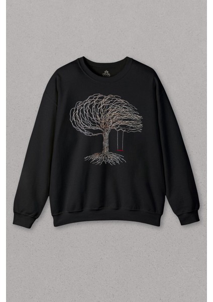 Unisex Sweatshirt Hayat Ağacındaki Kırmızı Salincak Kuru Ağaç Baskılı Sweat