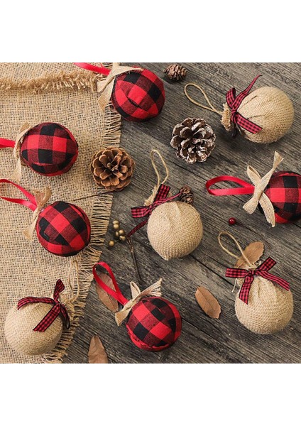 Noel Ağacı Süsleri, 12 Adet 2-1/2 Inç Kırmızı Siyah Bufalo Onay Ekose Dikiş Çuval Bezi Noel Süslemeleri (Yurt Dışından)