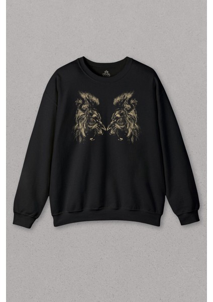 Unisex Sweatshirt Karşılıklı Kükreyen Aslan Kafaları Lion Head Baskılı Sweat