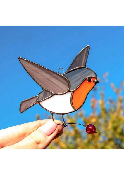 2x Tel Üzerinde Asılı Çok Renkli Kuşlar Yüksek Lekeli Akrilik Suncatcher Yaratıcı Pencere Paneli Ev Odası Dekor-Flaying Robin (Yurt Dışından)