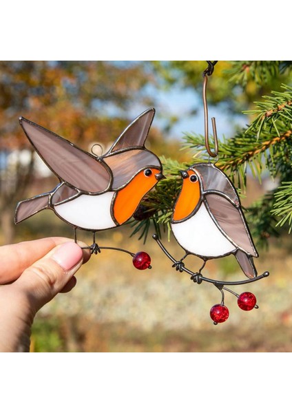 2x Tel Üzerinde Asılı Çok Renkli Kuşlar Yüksek Lekeli Akrilik Suncatcher Yaratıcı Pencere Paneli Ev Odası Dekor-Flaying Robin (Yurt Dışından)
