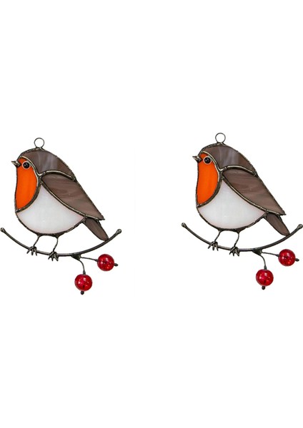 2x Tel Üzerinde Asılı Çok Renkli Kuşlar Yüksek Lekeli Akrilik Suncatcher Yaratıcı Pencere Paneli Ev Odası Dekor-Oturan Robin (Yurt Dışından)