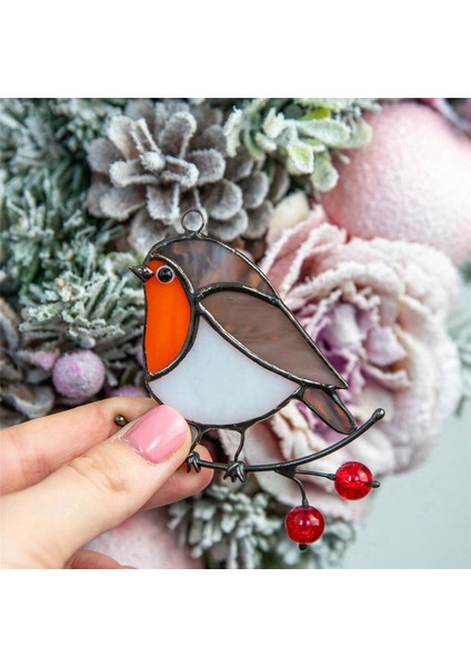 2x Tel Üzerinde Asılı Çok Renkli Kuşlar Yüksek Lekeli Akrilik Suncatcher Yaratıcı Pencere Paneli Ev Odası Dekor-Oturan Robin (Yurt Dışından)