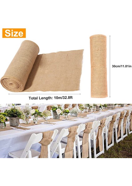 Masa Koşucu 10 M x 30 cm Jüt Masa Koşucu Keten Jüt Kumaş, Masa Koşucu Rulo Masa Dekorasyonu Düğün Vintage Rustik (Yurt Dışından)