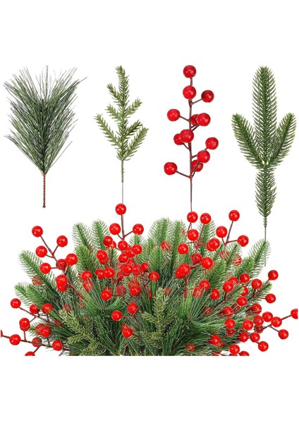 100 Parça Yapay Çam Iğneleri Dalları ve Yapay Kırmızı Berry Sapları Sahte Yeşillik Çam Seçtikleri Noel Kırmızı Berry (Yurt Dışından) fiyatları