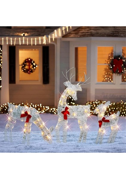 3'lü Işıklı Noel 2d Ren Geyiği Seti Dış Mekan Süslemeleri, Önceden Aydınlatmalı Noel Rudolph ve Işıklı Noel Baba Kızağı (Yurt Dışından)