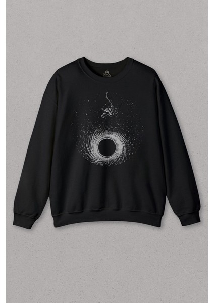 Unisex Sweatshirt Kara Delik Üstünde Salinan Astronot Uzay Karadelik Baskılı Sweat