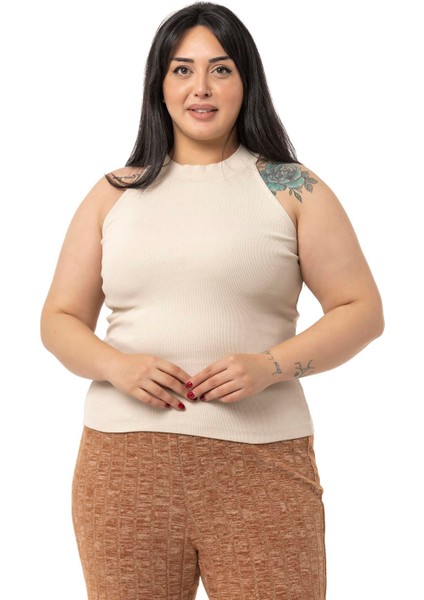 Büyük Beden Halter Yaka Yarım Balıkçı Fitilli Kaşkorse Bej Body