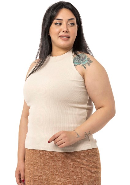 Büyük Beden Halter Yaka Yarım Balıkçı Fitilli Kaşkorse Bej Body fırsatları