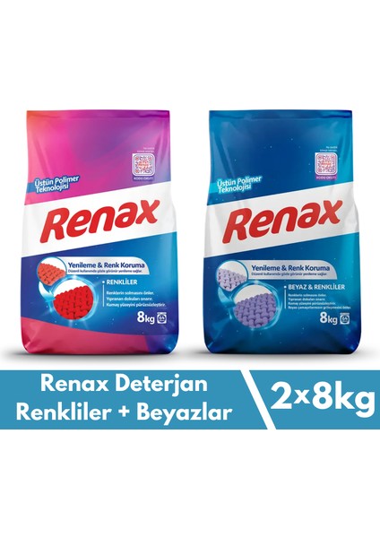 Toz Çamaşır Deterjanı 8 kg 2'li Paket (Renkliler + Beyazlar)