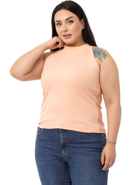 Büyük Beden Halter Yaka Yarım Balıkçı Fitilli Kaşkorse Somon Body